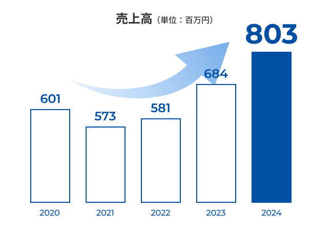 売上高：2020年601万円、2021年573万円、2022年581万円、2023年684万円、2024年803万円