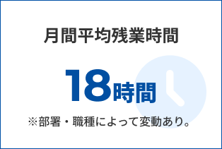 月間平均残業時間 18時間　※部署・職種によって変動あり。